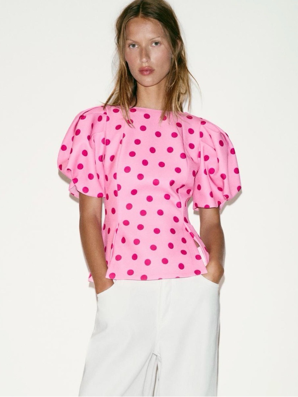 VIRAL Zara Pink Polka Dot Puff-Sleeve Top